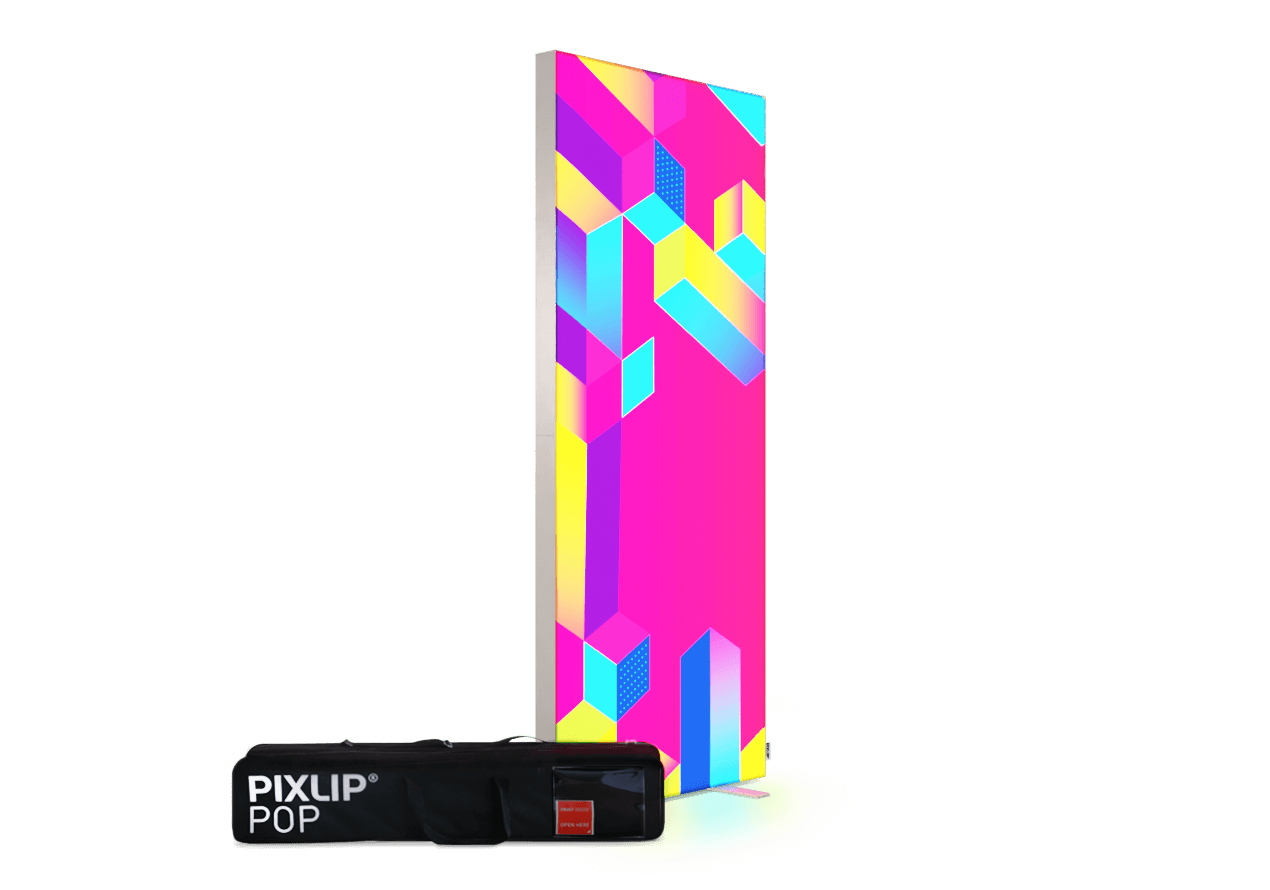 Pixlip Pop Lightbox mit Textildruck, daneben Pixlip Pop Tasche